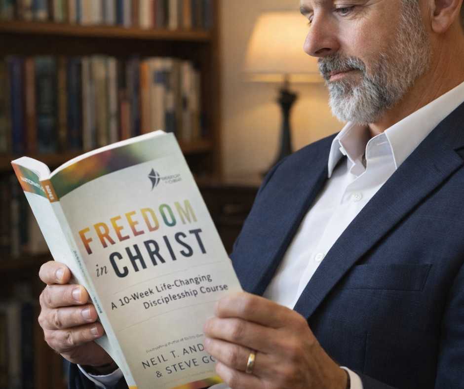 Man with Freedom in Christ book.
